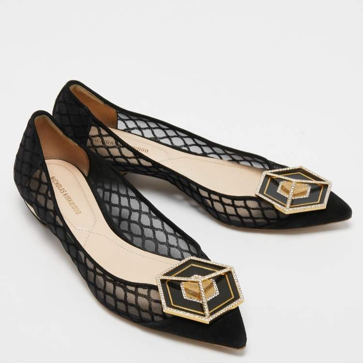 Pre Owned Nicholas Kirkwood Black Suede and Mesh  Ballet Flats Size 37