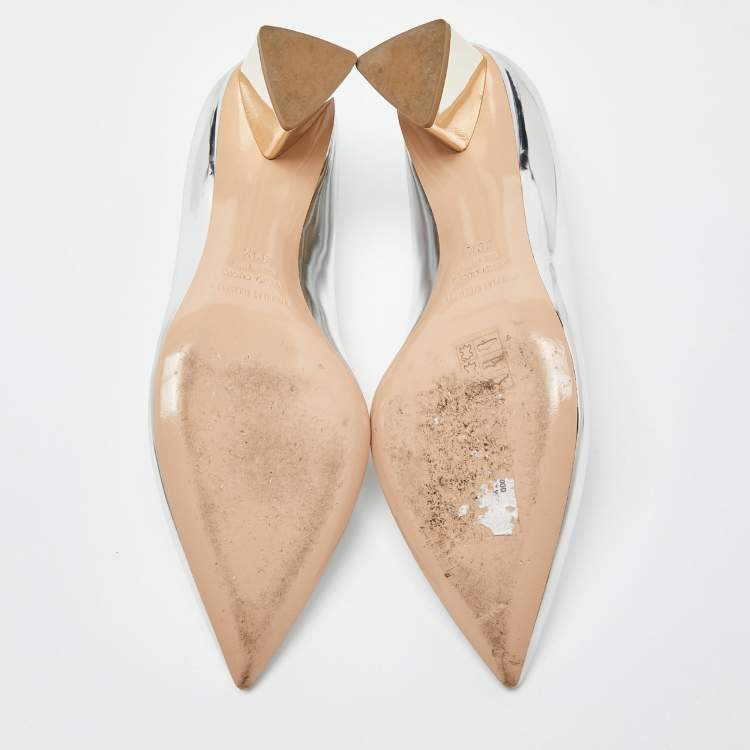 Pre Owned Nicholas Kirkwood Silver Laminated Leather Pointed Toe Block Heel Pumps Size 39.5