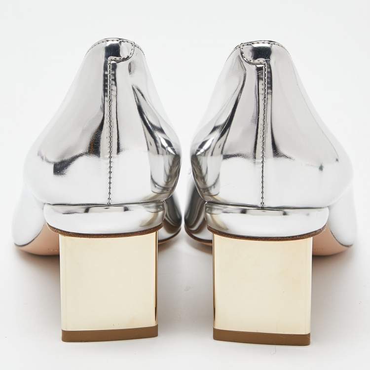 Pre Owned Nicholas Kirkwood Silver Laminated Leather Pointed Toe Block Heel Pumps Size 39.5