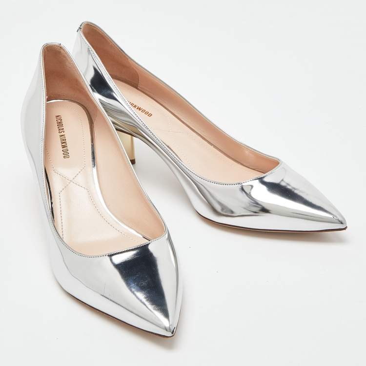 Pre Owned Nicholas Kirkwood Silver Laminated Leather Pointed Toe Block Heel Pumps Size 39.5
