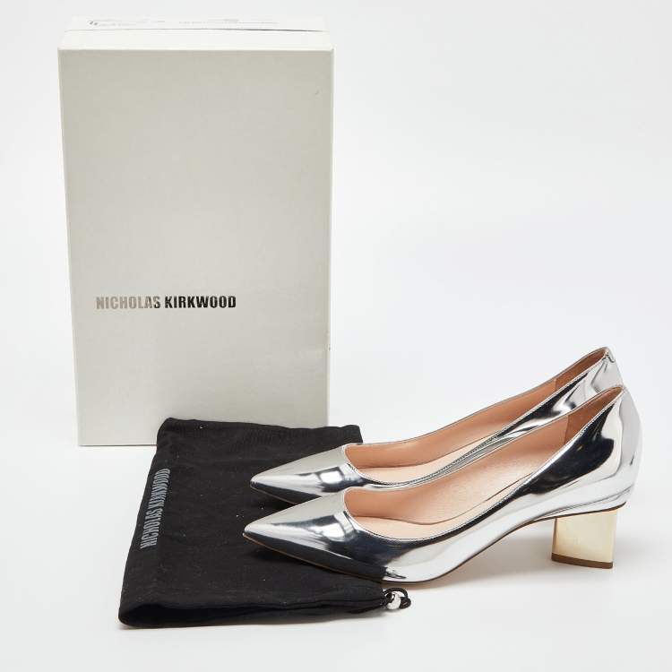 Pre Owned Nicholas Kirkwood Silver Laminated Leather Pointed Toe Block Heel Pumps Size 39.5