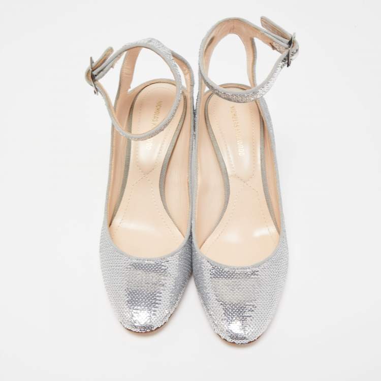 Pre Owned Nicholas Kirkwood Silver Sequin Lola Pearl Ankle Strap Pumps Size 36.5