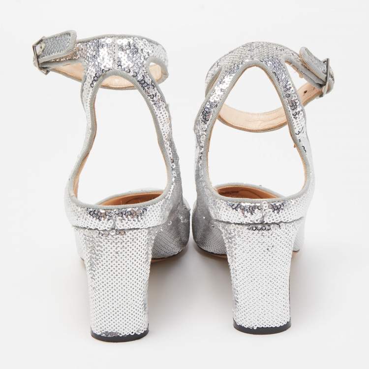 Pre Owned Nicholas Kirkwood Silver Sequin Lola Pearl Ankle Strap Pumps Size 36.5