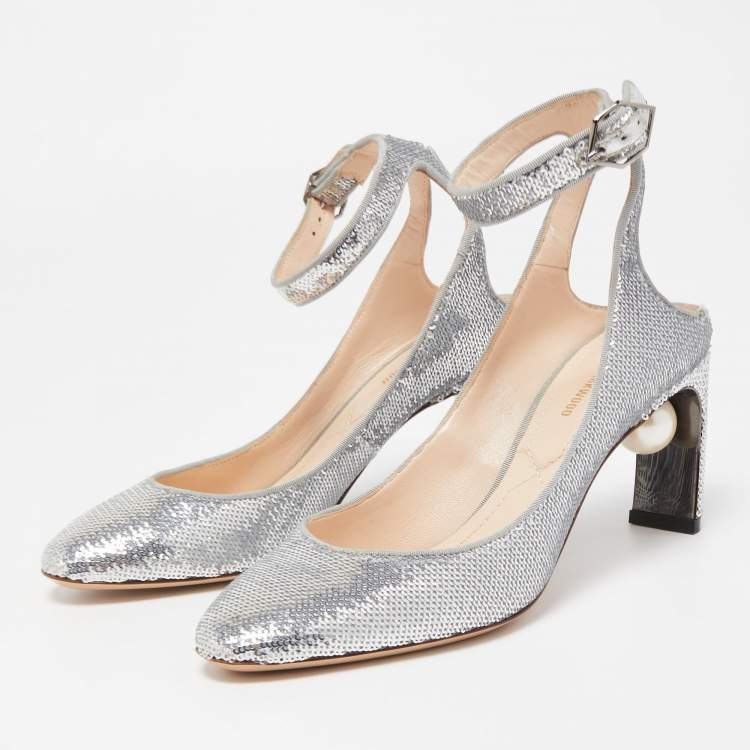 Pre Owned Nicholas Kirkwood Silver Sequin Lola Pearl Ankle Strap Pumps Size 36.5