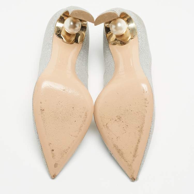 Pre Owned Nicholas Kirkwood Silver Glitter Lace Pearl Embellished Pointed Toe Pumps Size 40