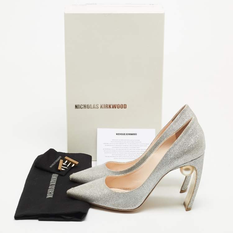 Pre Owned Nicholas Kirkwood Silver Glitter Lace Pearl Embellished Pointed Toe Pumps Size 40