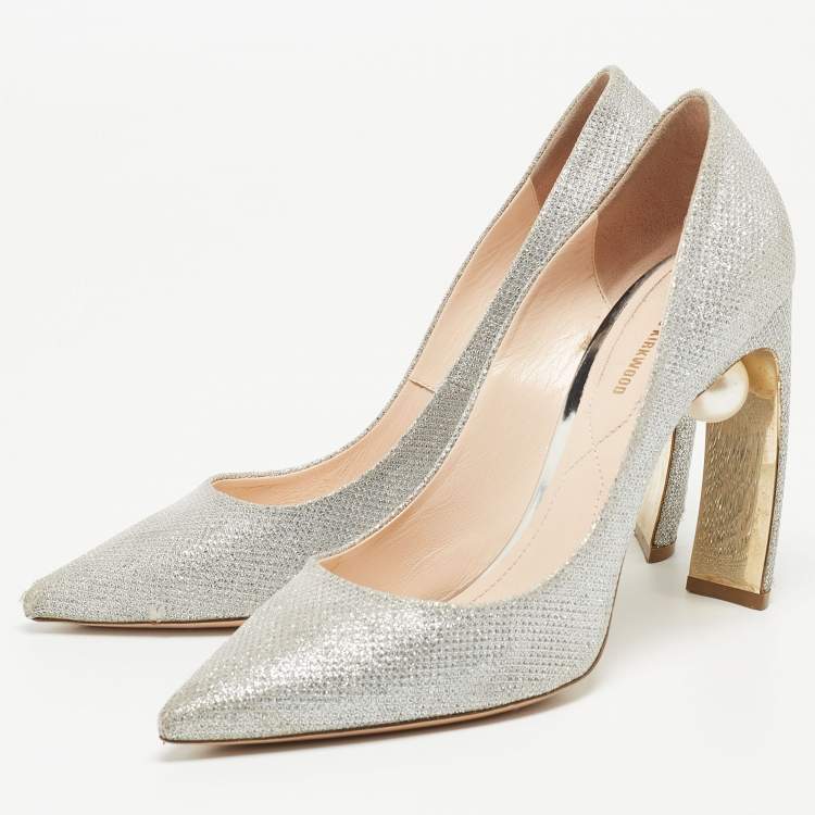 Nicholas Kirkwood Silver Glitter Lace Pearl Embellished Pointed Toe Pumps Size 40