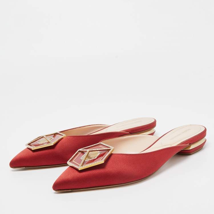 Pre Owned Nicholas Kirkwood Burgundy Satin Eden Crystal Embellished Flat Mules Size 39