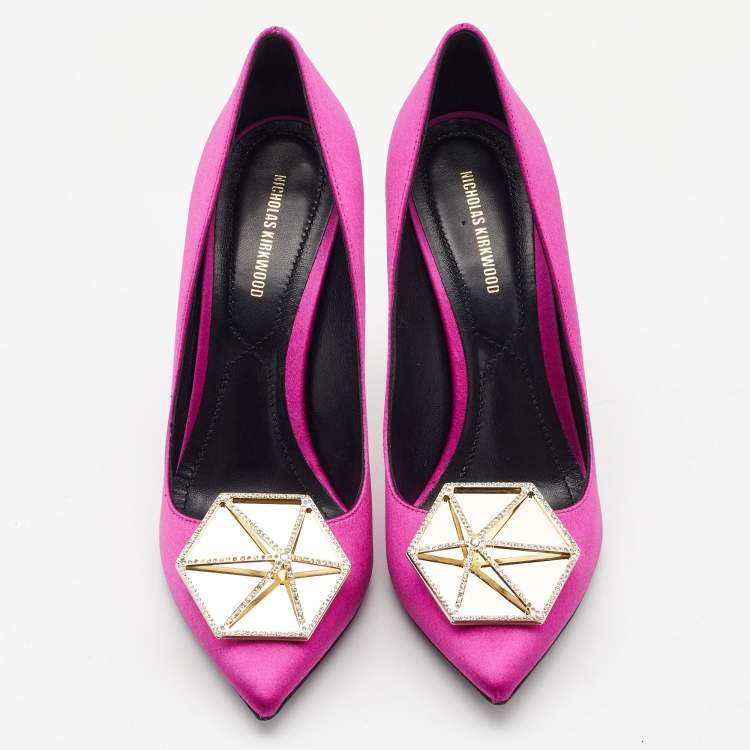 Pre Owned Nicholas Kirkwood Pink Satin Eden Crystal Embellished Pointed Toe Pumps Size 38