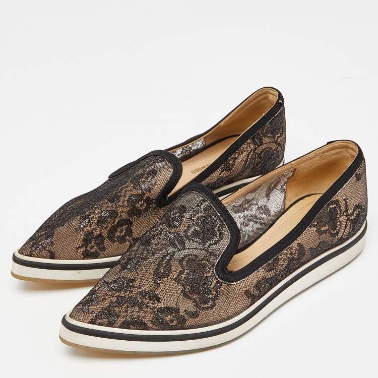 Pre Owned Nicholas Kirkwood Black Lace and Mesh Alona Pointed Toe Smoking Slipper Size 36.5