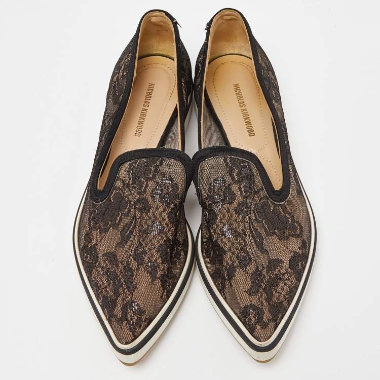 Pre Owned Nicholas Kirkwood Black Lace and Mesh Alona Pointed Toe Smoking Slipper Size 36.5