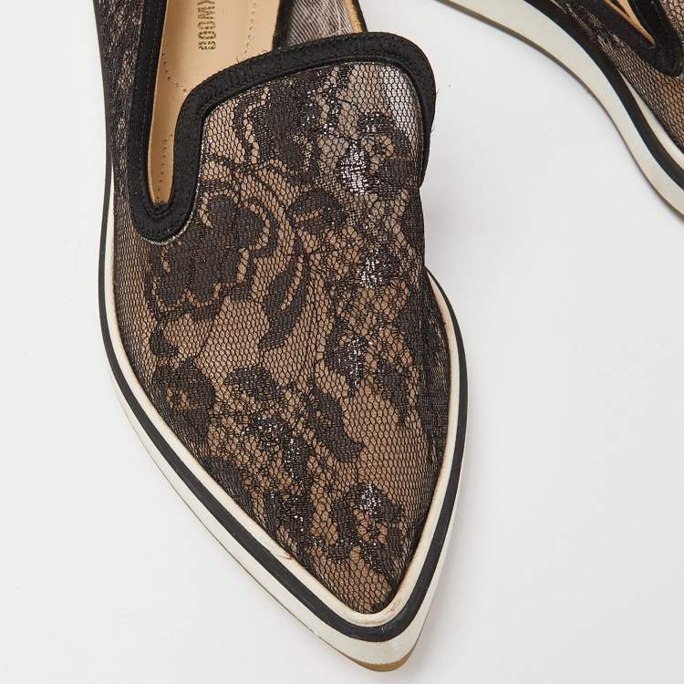 Pre Owned Nicholas Kirkwood Black Lace and Mesh Alona Pointed Toe Smoking Slipper Size 36.5