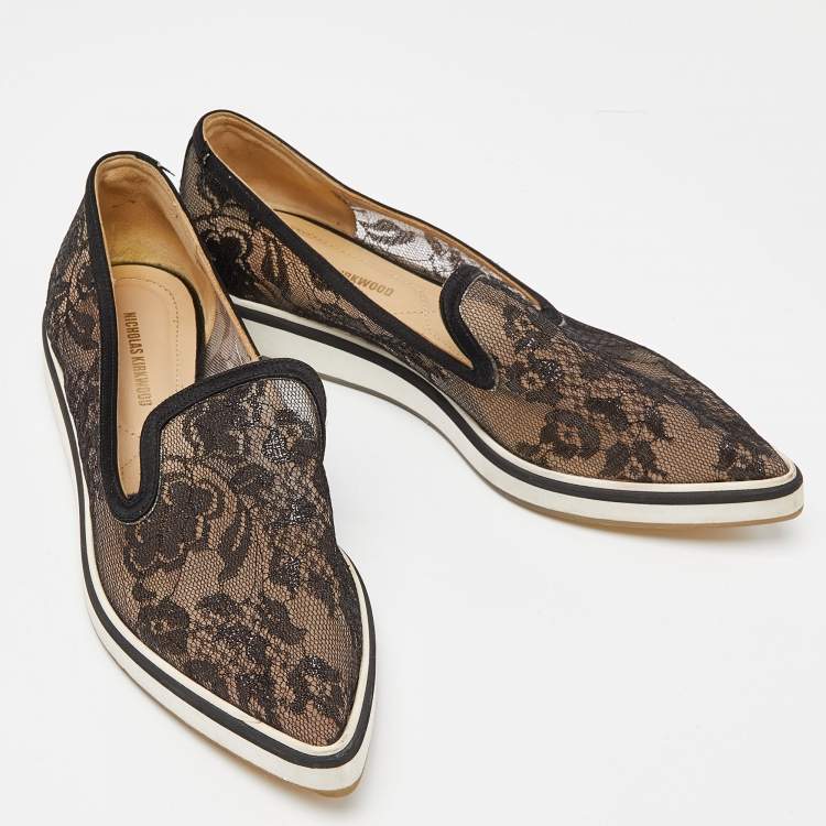 Pre Owned Nicholas Kirkwood Black Lace and Mesh Alona Pointed Toe Smoking Slipper Size 36.5