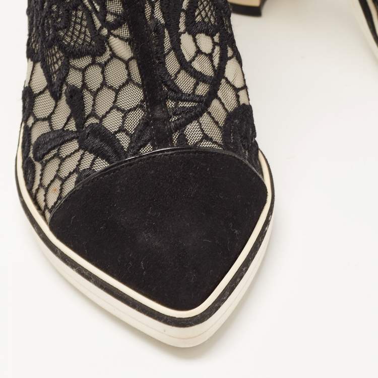 Pre Owned Nicholas Kirkwood Black Suede and Embroidered Mesh Block Heel Ankle Boots Size 36