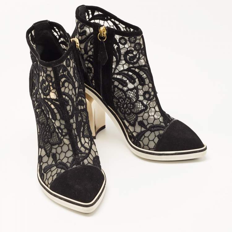 Pre Owned Nicholas Kirkwood Black Suede and Embroidered Mesh Block Heel Ankle Boots Size 36