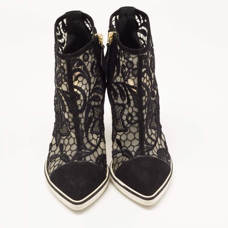 Pre Owned Nicholas Kirkwood Black Suede and Embroidered Mesh Block Heel Ankle Boots Size 36