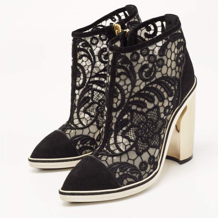 Pre Owned Nicholas Kirkwood Black Suede and Embroidered Mesh Block Heel Ankle Boots Size 36