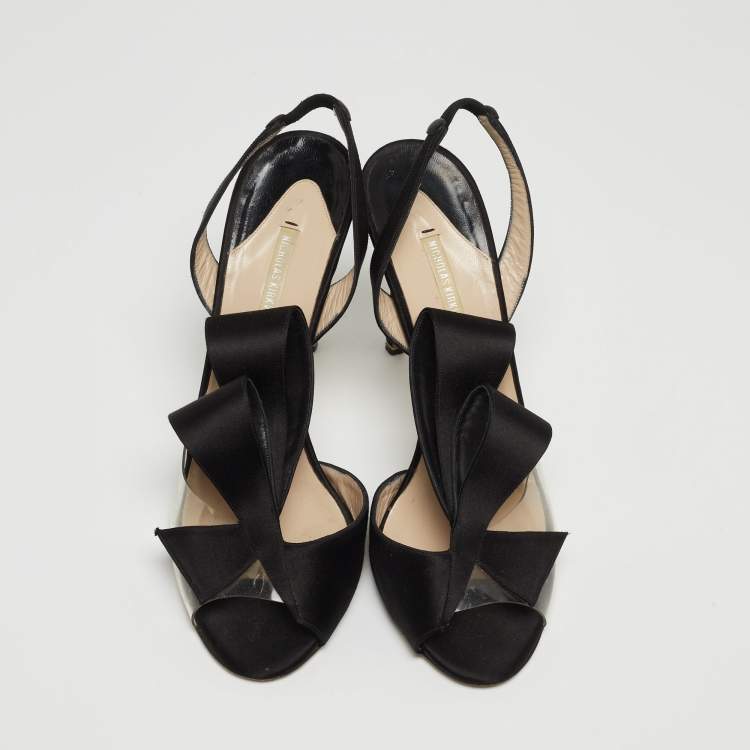 Pre Owned Nicholas Kirkwood Black Satin And PVC Ankle Strap Sandals Size 38.5