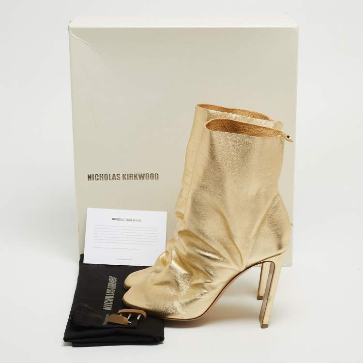 Pre Owned Nicholas Kirkwood Metallic Gold Foil Leather D'arcy Ruched Ankle Booties Size 38.5