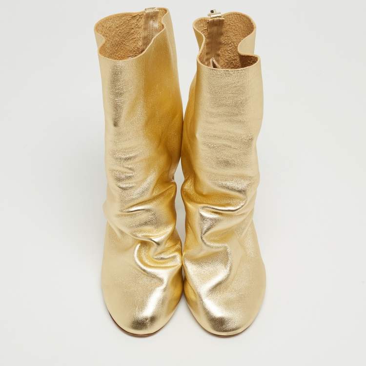 Pre Owned Nicholas Kirkwood Metallic Gold Foil Leather D'arcy Ruched Ankle Booties Size 38.5