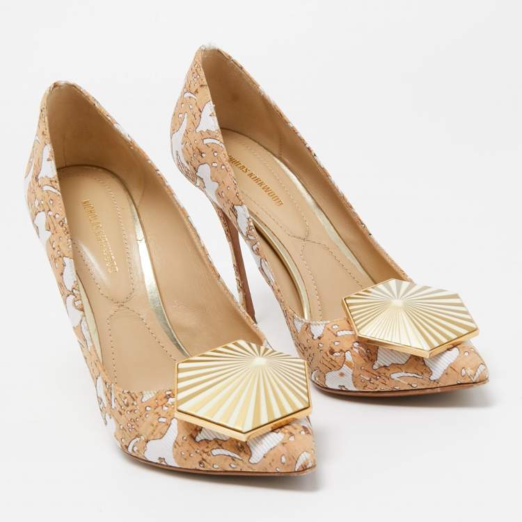 Pre Owned Nicholas Kirkwood Brown/White Cork and Fabric Eden Pumps Size 37.5