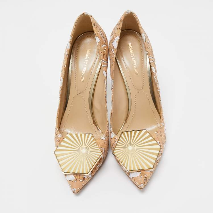 Pre Owned Nicholas Kirkwood Brown/White Cork and Fabric Eden Pumps Size 37.5