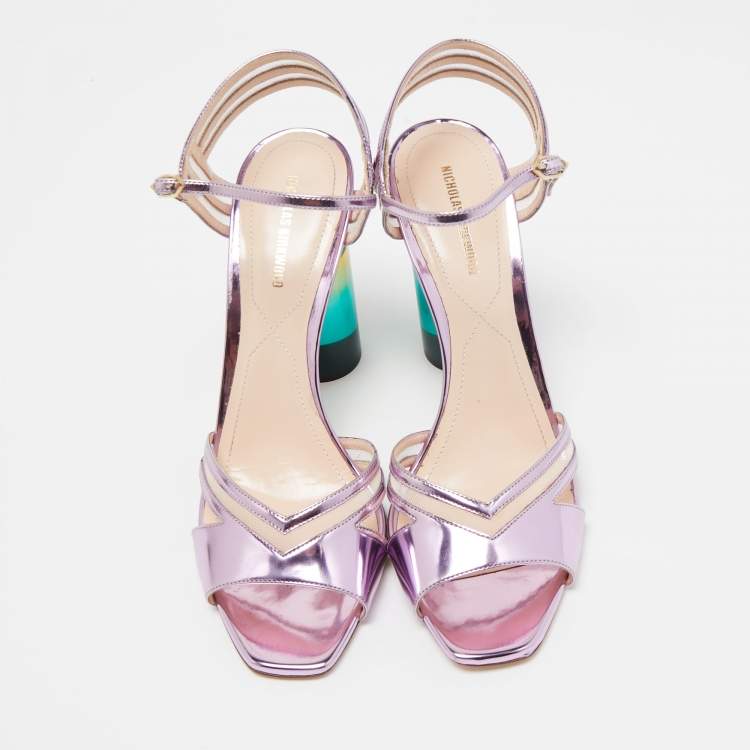 Pre Owned Nicholas Kirkwood Metallic Purple Leather and Mesh Zaha Ankle Strap Sandals Size 40