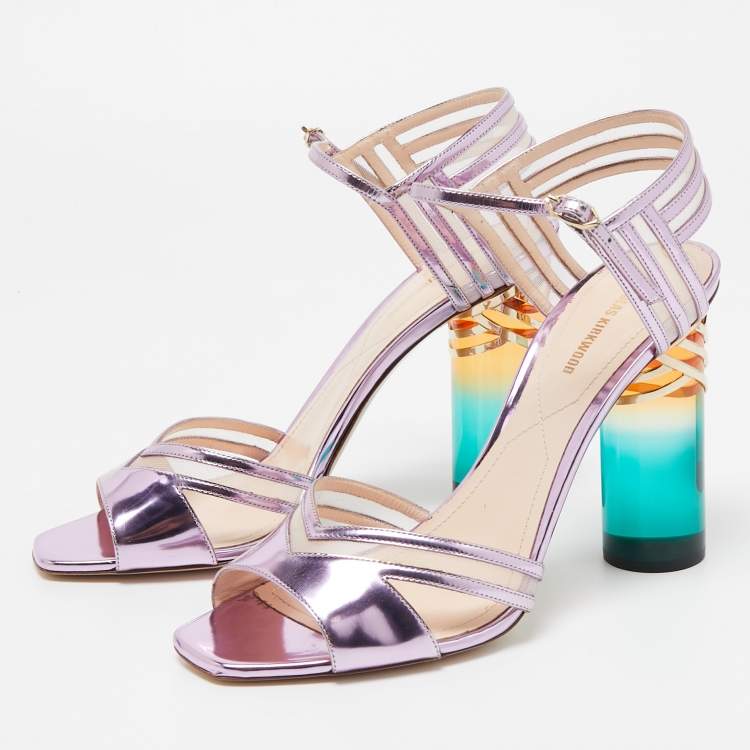 Pre Owned Nicholas Kirkwood Metallic Purple Leather and Mesh Zaha Ankle Strap Sandals Size 40