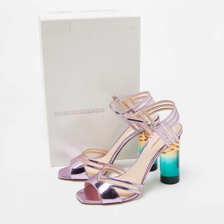 Pre Owned Nicholas Kirkwood Metallic Purple Leather and Mesh Zaha Ankle Strap Sandals Size 40