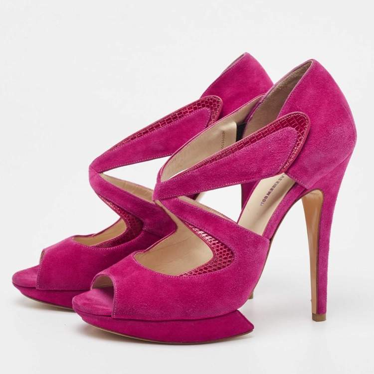 Pre Owned Nicholas Kirkwood Pink Suede And Lizard Embossed Platform Sandals Size 39