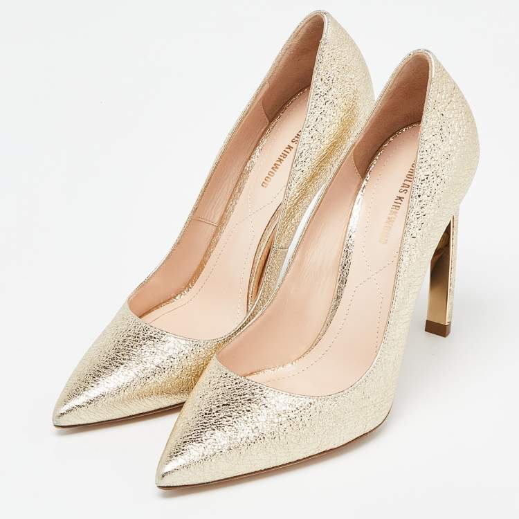 Pre Owned Nicholas Kirkwood Metallic Gold Foil Leather Pearl Embellished Pointed Toe Pumps Size 38