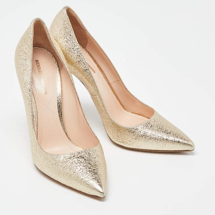 Pre Owned Nicholas Kirkwood Metallic Gold Foil Leather Pearl Embellished Pointed Toe Pumps Size 38