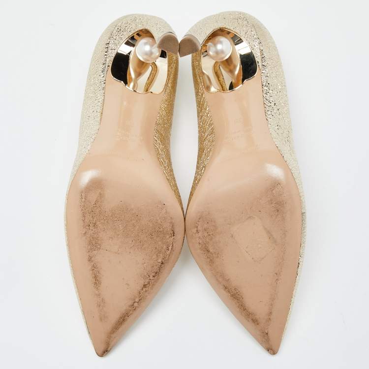 Pre Owned Nicholas Kirkwood Metallic Gold Foil Leather Pearl Embellished Pointed Toe Pumps Size 38