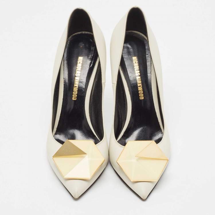 Pre Owned Nicholas Kirkwood White Leather Hexagon Pointed Toe Pumps Size 39