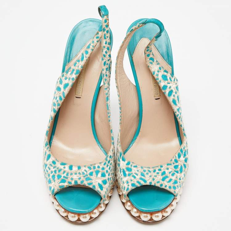 Pre Owned Nicholas Kirkwood Blue/White Textured Suede Pearl Embellished Slingback Sandals Size 39
