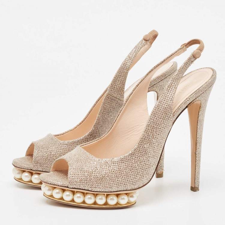 Pre Owned Nicholas Kirkwood Metallic Lurex Fabric Pearl Embellished Platform Slingback Sandals Size 40