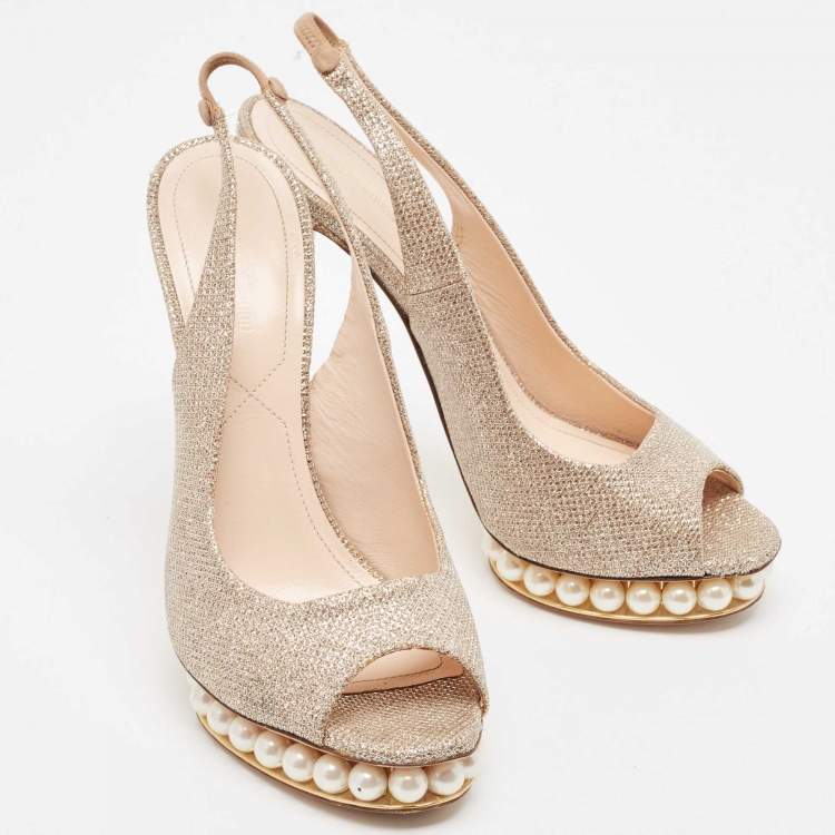 Pre Owned Nicholas Kirkwood Metallic Lurex Fabric Pearl Embellished Platform Slingback Sandals Size 40