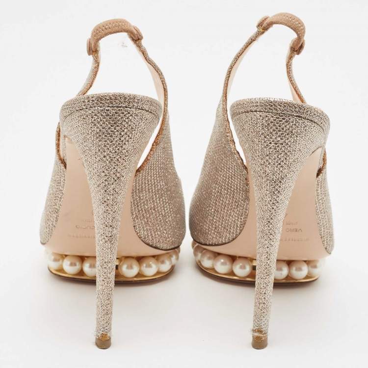 Pre Owned Nicholas Kirkwood Metallic Lurex Fabric Pearl Embellished Platform Slingback Sandals Size 40