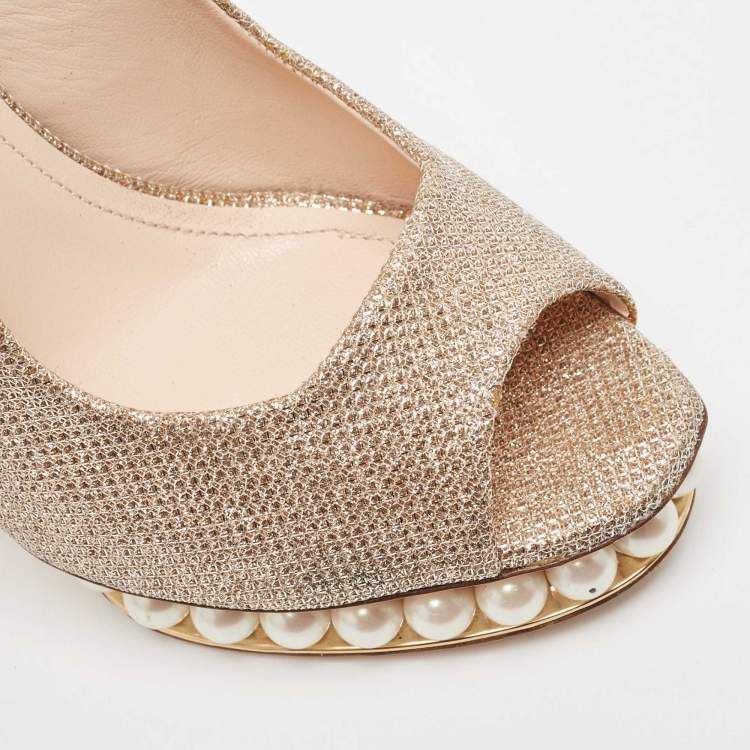 Pre Owned Nicholas Kirkwood Metallic Lurex Fabric Pearl Embellished Platform Slingback Sandals Size 40