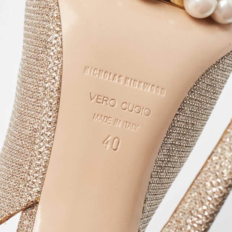 Pre Owned Nicholas Kirkwood Metallic Lurex Fabric Pearl Embellished Platform Slingback Sandals Size 40