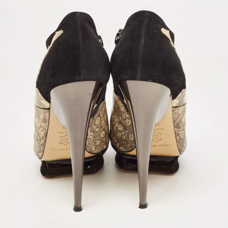 Pre Owned Nicholas Kirkwood Black/Yellow Suede and Embossed Lizard Open Toe Platform Booties Size 40.5