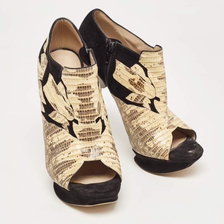 Pre Owned Nicholas Kirkwood Black/Yellow Suede and Embossed Lizard Open Toe Platform Booties Size 40.5