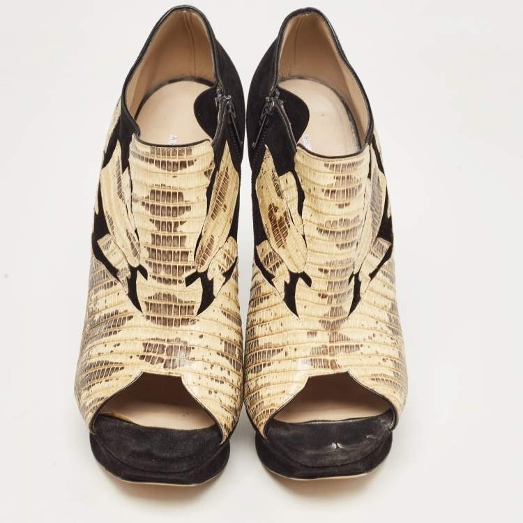 Pre Owned Nicholas Kirkwood Black/Yellow Suede and Embossed Lizard Open Toe Platform Booties Size 40.5