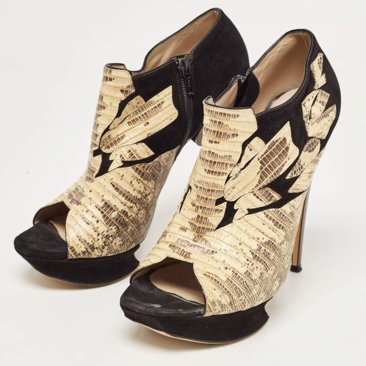 Pre Owned Nicholas Kirkwood Black/Yellow Suede and Embossed Lizard Open Toe Platform Booties Size 40.5