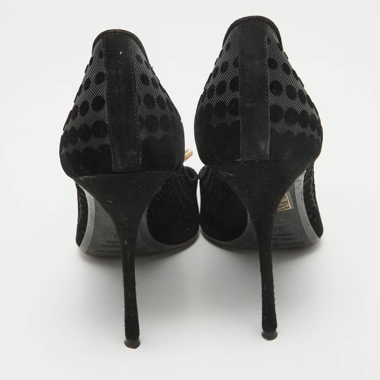 Pre Owned Nicholas Kirkwood Black Velvet and Mesh Embellished Hexagon Buckle Pumps Size 39