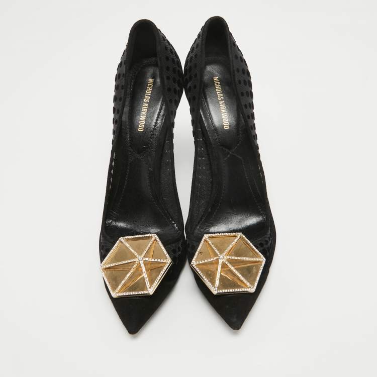 Pre Owned Nicholas Kirkwood Black Velvet and Mesh Embellished Hexagon Buckle Pumps Size 39