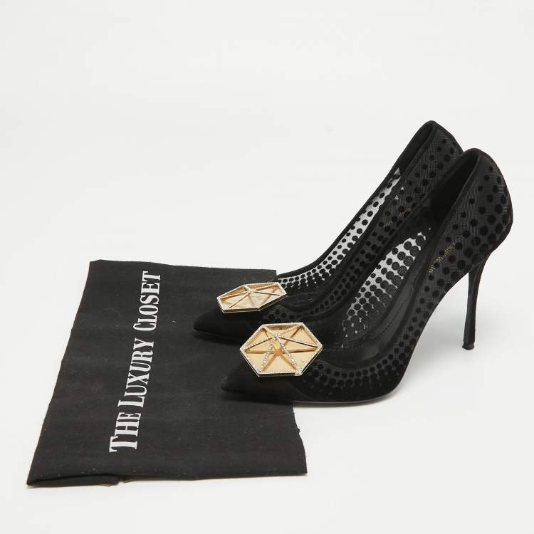Pre Owned Nicholas Kirkwood Black Velvet and Mesh Embellished Hexagon Buckle Pumps Size 39