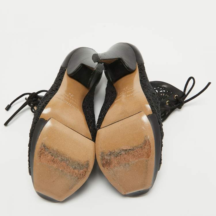 Pre Owned Nicholas Kirkwood Black Mesh and Leather Cutout Lace Up Booties Size 36    