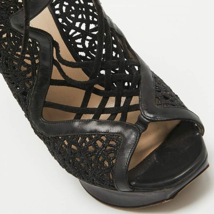 Pre Owned Nicholas Kirkwood Black Mesh and Leather Cutout Lace Up Booties Size 36    