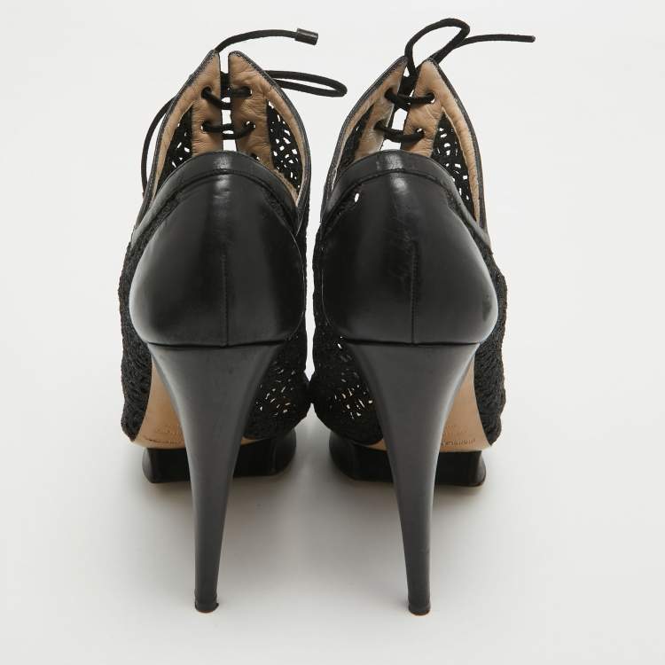 Pre Owned Nicholas Kirkwood Black Mesh and Leather Cutout Lace Up Booties Size 36    